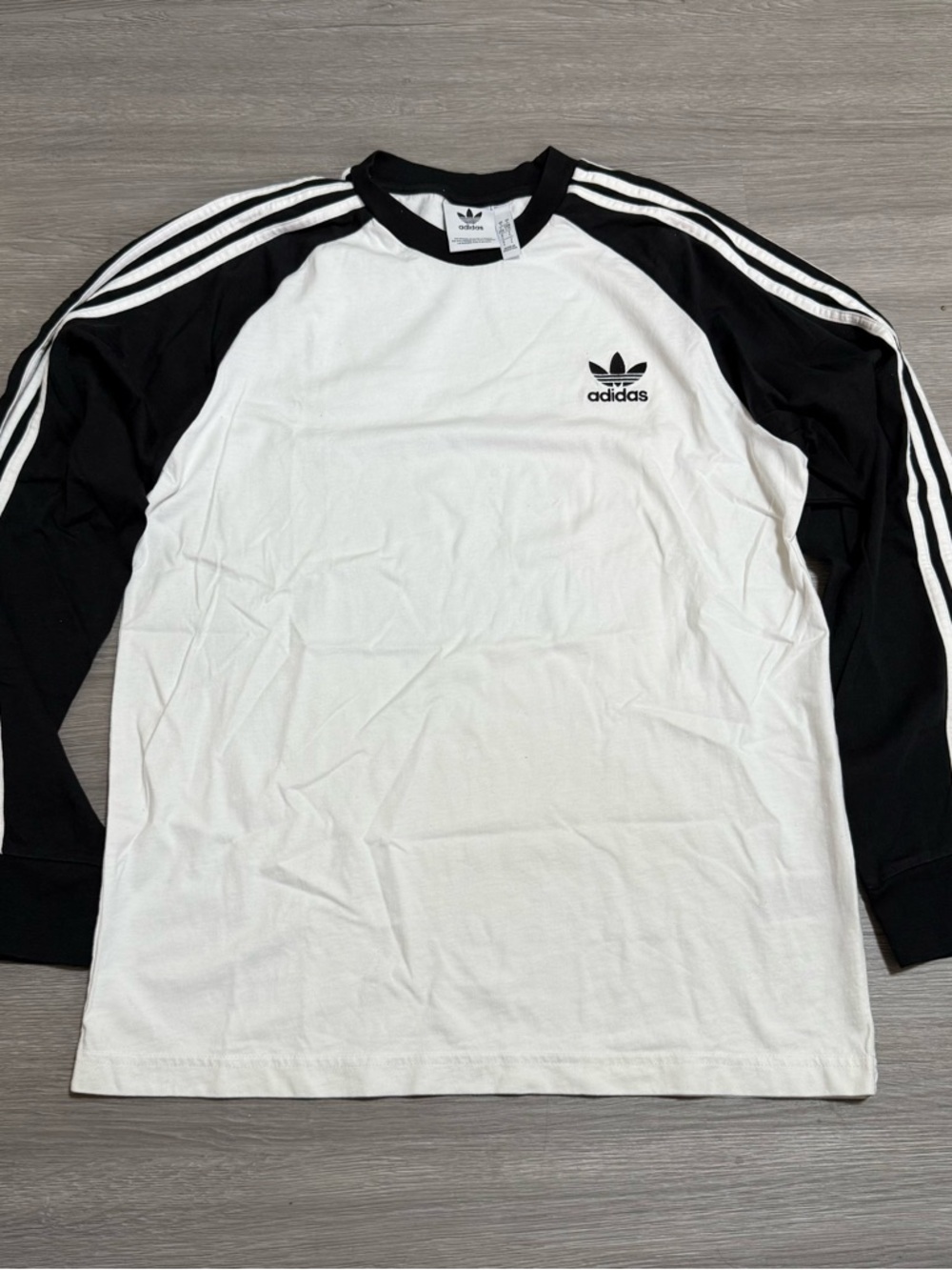 adidas White and Black Long Sleeve Raglan Tee with Three Stripes